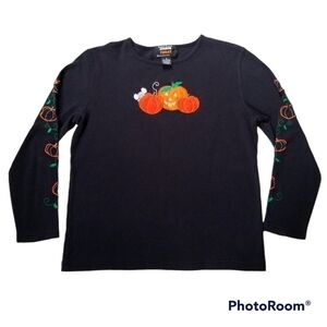 Halloween Embroidered Pumpkin Mouse Long Sleeve Black Shirt sz M